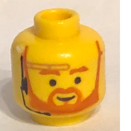 Tête de minifigurine Obi-Wan Kenobi, barbe avec bordure brune barbe (fourchue sous la bouche) et les sourcils, motif : micro-casque [tenon creux bouché] (Minifig Head Obi-Wan Kenobi, Beard with Brown Trim Beard (forked below mouth) and Eyebrows, Headset Print [Blocked Open Stud])