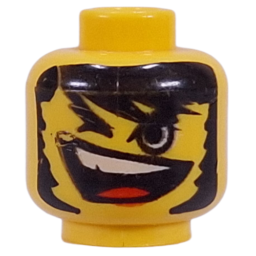 Tête de minifigurine, bouche et dents ouvertes, longs cheveux noirs, un motif imprimé œil fermé [tenon creux bouché] (Minifig Head, Open Mouth and Teeth, Long Black Hair, One Closed Eye Print [Blocked Open Stud])