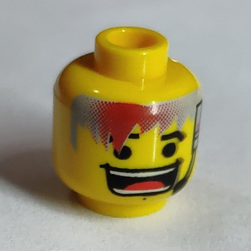 Tête de minifigurine flex, sourire énorme mâle, micro-casque, motif : sourcils [tenon creux bouché] (Minifig Head Flex, Male Huge Grin, Headset, Eyebrows Print [Blocked Open Stud])