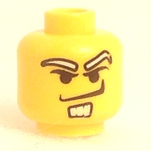 Tête de minifigurine, sourcils blancs et bouc, motif imprimé sourire en coin en colère (Minifig Head, White Eyebrows and Goatee, Angry Smirk Print)