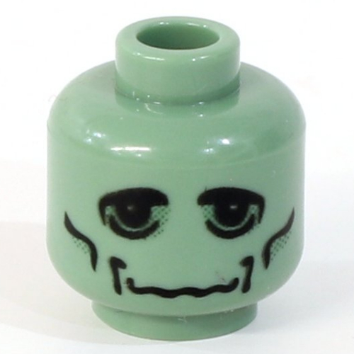 Tête de minifigurine Monstre de Frankenstein, Grands yeux noirs, traits sur les joues, motif imprimé bouche ondulée [Bloqué ouvert tenon] (Minifig Head Frankenstein's Monster, Large Black Eyes, Cheek Lines, Wavy Mouth Print [Blocked Open Stud])