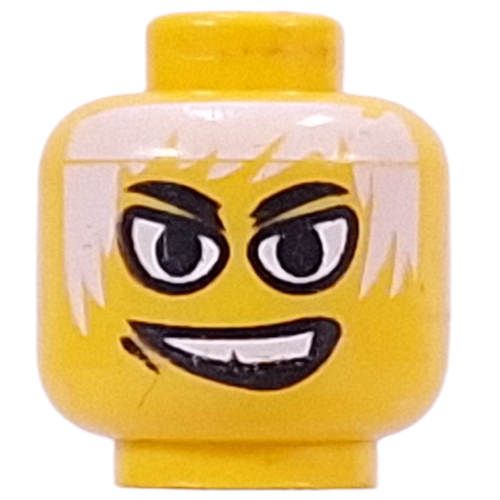 Tête de minifigurine, yeux blancs, cheveux blancs, dents blanches et gap sourire motif imprimé [tenon creux bouché] (Minifig Head, White Eyes, White Hair, White Teeth and Gap Tooth Grin Print [Blocked Open Stud])