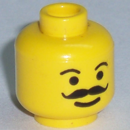 Tête de minifigurine, moustache bouclée et pleine, sourcils lisses motif imprimé [tenon creux bouché] (Minifig Head, Moustache Curly and Full, Plain Eyebrows Print [Blocked Open Stud])