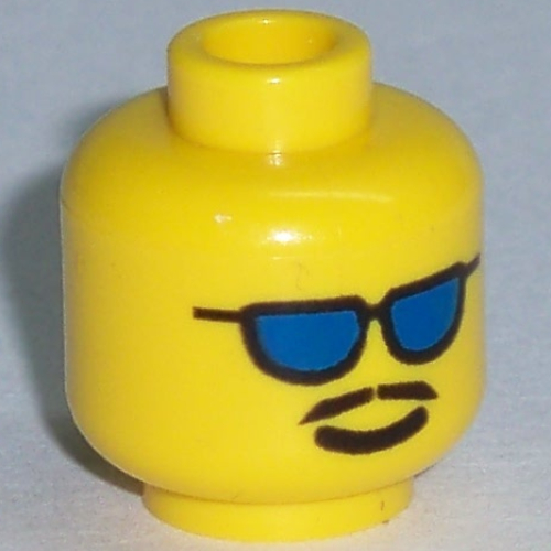 Tête de minifigurine, motif : lunettes de soleil bleues et moustache [tenon creux bouché] (Minifig Head, Blue Sunglasses and Moustache Print [Blocked Open Stud])