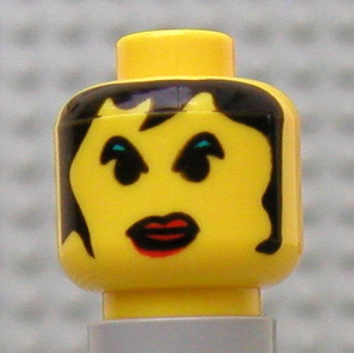 Tête de minifigurine Alexis Sanister, Lèvres rouges Grand, sourcils verts, et motif imprimé cheveux longs (Minifig Head Alexis Sanister, Red Lips Large, Green Eyebrows, and Long Hair Print)