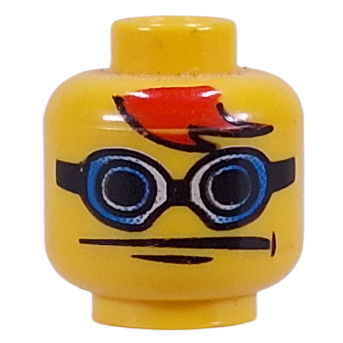 Tête de minifigurine, lunettes avec des lunettes bleues, franges rouges motif imprimé [tenon creux bouché] (Minifig Head, Glasses with Blue Goggles, Red Bangs Print [Blocked Open Stud])