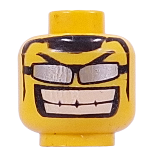Tête de minifigurine, lunettes avec des lunettes de soleil argentées minces, grand sourire motif imprimé [tenon creux bouché] (Minifig Head, Glasses with Thin Silver Sunglasses, Big Grin Print [Blocked Open Stud])