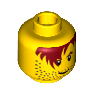 Tête de minifigurine aquaraider / joueur de football, cheveux brun-rouge mâle sur l'œil, un sourcil, barbe naissante, blanc pupilles des yeux motif imprimé [tenon creux bouché] (Minifig Head Aquaraider / Soccer Player, Male Red-Brown Hair over Eye, One Eyebrow, Stubble, White Pupils Print [Blocked Open Stud])