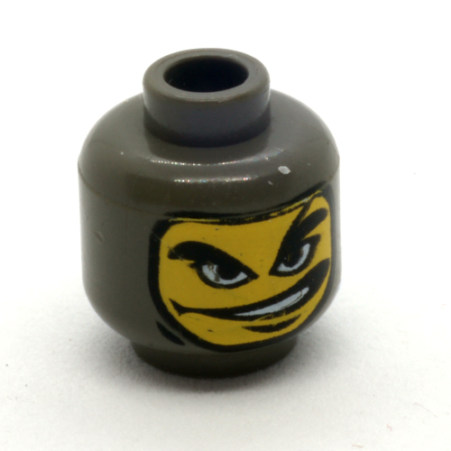 Tête de minifigurine, cagoule avec visage jaune, sourcil droit arqué, bouche ouverte sur le côté motif imprimé [tenon creux bouché] (Minifig Head, Balaclava with Yellow Face, Right Eyebrow Arched, Mouth Open to Side Print [Blocked Open Stud])