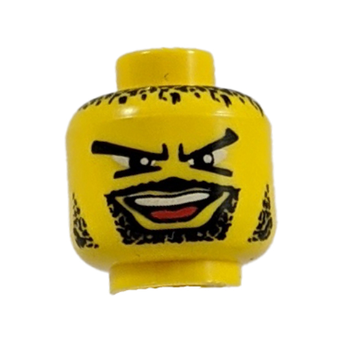 Tête de minifigurine Joueur de basket-ball, moustache bouche ouverte, bouc, yeux v avant, cheveux noirs, motif : barbe naissante (Minifig Head Basketball Player, Moustache Open Mouth, Goatee, V Brow Eyes, Black Hair, Stubble Print)