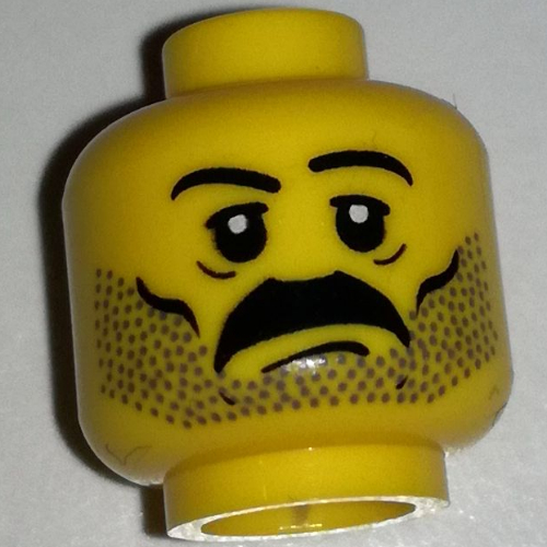 Tête de minifigurine, motif : moustache et barbe naissante, pupilles blanches, sourcils [tenon creux bouché] (Minifig Head, Moustache and Stubble Print, White Pupils, Eyebrows [Blocked Open Stud])