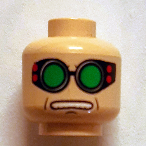 Tête de minifigurine dr poulpe (Doc Ock), lunettes vertes, sourcils arqués bruns, motif : bouche ouverte (Minifig Head Dr Octopus (Doc Ock), Green Goggles, Brown Arched Eyebrows, Open Mouth Print)