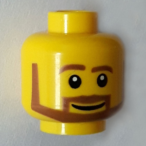 Tête de minifigurine, barbe marron angulaire avec des pupilles de l'œil blanc et le sourire motif imprimé [tenon creux bouché] (Minifig Head, Beard Brown Angular with White Pupils and Grin Print [Blocked Open Stud])