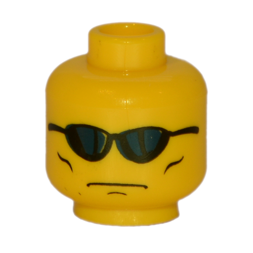 Tête de minifigurine, lunettes de soleil bleues, visage sinistre avec des lignes de joue imprimé (Minifig Head, Blue Sunglasses, Grim Face with Cheek Lines Print)