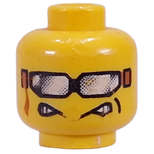 Tête de minifigurine, lunettes de soleil argentées avec ruban, motif imprimé de sourire aggravé [tenon creux bouché] (Minifig Head, Silver Sunglasses with Ribbon, Aggravated Grin Print [Blocked Open Stud])