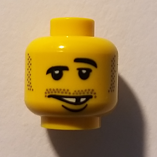 Tête de minifigurine, moustache sourcil levé, dents blanches avec dents manquantes et motif imprimé sur la lèvre inférieure [tenon creux bouché] (Minifig Head, Moustache Raised Eyebrow, White Teeth with Missing Tooth and Lower Lip Print [Blocked Open Stud])