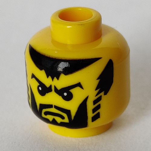 Tête de minifigurine roi / ombre chevalier, barbe avec menton taillé, joues pleines, favoris rayés, sourcils ébouriffés, blanc pupilles des yeux motif imprimé [tenon creux bouché] (Minifig Head King / Shadow Knight, Beard with Trimmed Chin, Full Cheeks, Striped Sideburns, Scowl Eyebrows, White Pupils Print [Blocked Open Stud])
