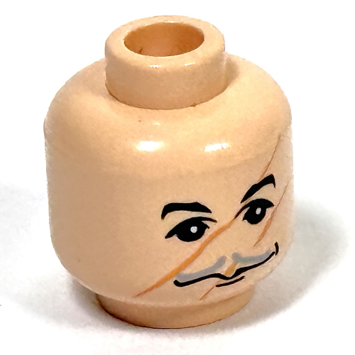 Tête de minifigurine Remus Lupin, moustache gris mince, grand sourire, rayures / cicatrices sur le visage motif imprimé (Minifig Head Remus Lupin, Moustache Thin Gray, Wide Smirk, Scratches/Scars on Face Print)