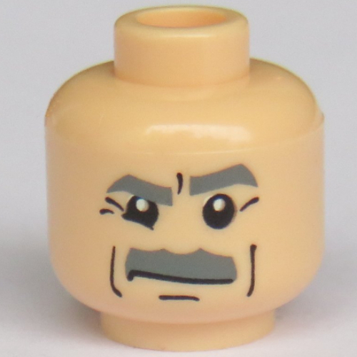 Tête de minifigurine J. Jonah Jameson, Moustache et sourcils gris foncés, motif : pupilles blanches [tenon creux bouché] (Minifig Head J. Jonah Jameson, Dark Bluish Gray Bushy Moustache and Eyebrows, White Pupils Print [Blocked Open Stud])