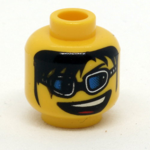 Tête de minifigurine, lunettes bleues, longue frange noire et bouche ouverte motif imprimé [tenon creux bouché] (Minifig Head, Blue Glasses, Long Black Bangs and Open Mouth Print [Blocked Open Stud])