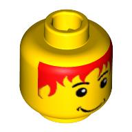 Tête de minifigurine pepper roni / joueur de football, cheveux rouges désordonnés, sourire, blanc yeux pupilles motif imprimé [tenon creux bouché] (Minifig Head Pepper Roni / Soccer Player, Messy Red Hair, Smile, White Pupils Print [Blocked Open Stud])