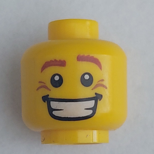 Tête de minifigurine, Sourcils bruns, pupilles blanches, Rides de sourire et motif imprimé grand ouvert (Minifig Head, Brown Eyebrows, White Pupils, Smile Wrinkles and Wide Open Smile Print)