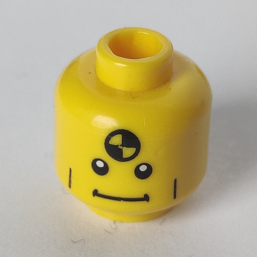 Tête de minifigurine Mannequin de démolition, lignes de joue verticales, bouche droite et motif imprimé pupilles blanches (Minifig Head Demolition Dummy, Vertical Cheek Lines, Straight Mouth and White Pupils Print)