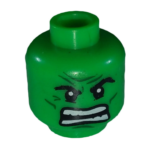 Tête de minifigurine Hulk, lignes vert foncé, rage / regard menaçant motif imprimé (Minifig Head Hulk, Dark Green Lines, Raging / Scowl Print)