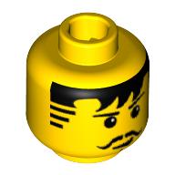 Tête de minifigurine johnny tonnerre / chevalier, moustache noir franges et favoris, motif imprimé menton fendu (Minifig Head Johnny Thunder / Knight, Moustache Black Bangs and Sideburns, Cleft Chin Print)