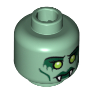 Tête de minifigurine méduse, double visage, crocs, lèvres vertes, traits sur les joues, motif : yeux jaunes / bouche ouverte avec yeux rouges [tenon creux bouché] (Minifig Head Medusa, Dual Sided, Fangs, Green Lips, Cheek Lines, Yellow Eyes / Open Mouth with Red Eyes Print [Blocked Open Stud])