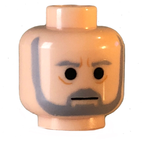 Tête de minifigurine Obi-Wan Kenobi, barbe grise et sourcils, lignes sous les yeux, motif imprimé sourcil sillonné [tenon creux bouché] (Minifig Head Obi-Wan Kenobi, Gray Beard and Eyebrows, Lines under Eyes, Furrowed Brow Print [Blocked Open Stud])