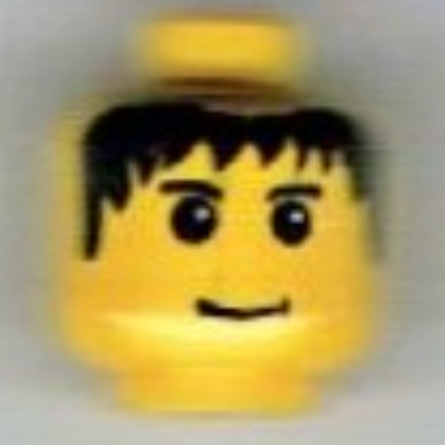 Tête de minifigurine babloo / joueur de football, cheveux noirs désordonnés, léger sourire, sourcils motif imprimé (Minifig Head Babloo / Soccer Player, Messy Black Hair, Slight Smile, Eyebrows Print)