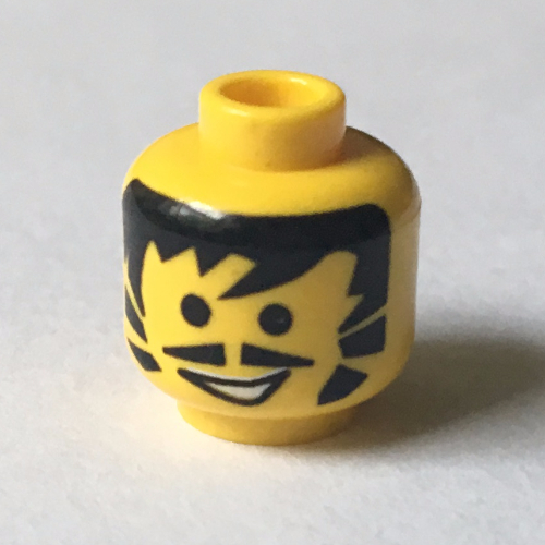 Minifigurine conducteur de tête, moustache pointue, cheveux noirs et favoris, bouche ouverte motif imprimé [tenon creux bouché] (Minifig Head Driver, Moustache Pointed, Black Hair and Sideburns, Open Mouth Print [Blocked Open Stud])