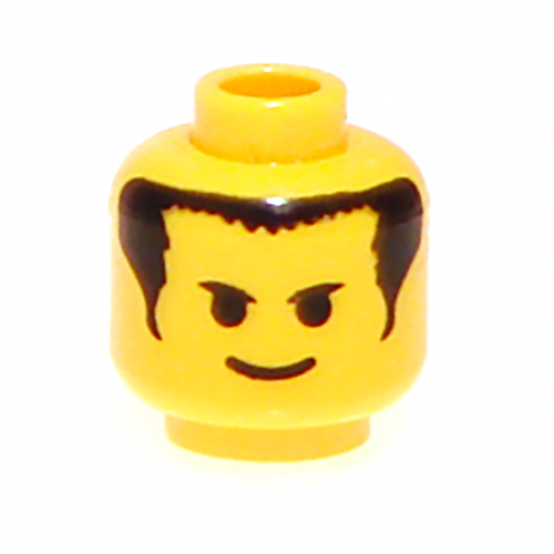 Tête de minifigurine pilote / joueur de football, sourire, sourcils, franges courtes et motif imprimé cheveux longs [tenon creux bouché] (Minifig Head Driver / Soccer Player, Smile, Eyebrows, Short Bangs and Long Hair Print [Blocked Open Stud])