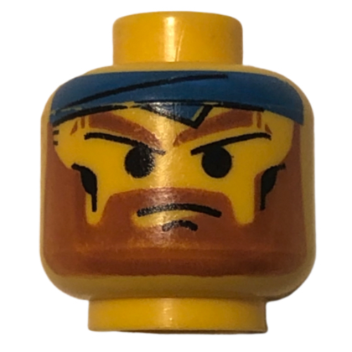 Tête de minifigurine Bandit, barbe avec des sourcils bruns en colère, motif : moustache et bandana bleu [tenon creux bouché] (Minifig Head Bandit, Beard with Angry Brown Eyebrows, Moustache and Blue Bandana Print [Blocked Open Stud])