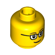 Tête de minifigurine Lunettes avec sourcils fins bruns, motif imprimé sourire (Minifig Head Glasses with Brown Thin Eyebrows, Smile Print)