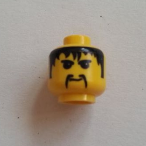 Tête de minifigurine Ngan Pa, Moustache Fu Manchu, cheveux noirs, motif : sourcils (Minifig Head Ngan Pa, Moustache Fu Manchu, Black Hair, Eyebrows Print)