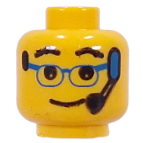 Tête de minifigurine, motif : lunettes bleues et micro-casque [tenon creux bouché] (Minifig Head, Blue Glasses and Headset Print [Blocked Open Stud])