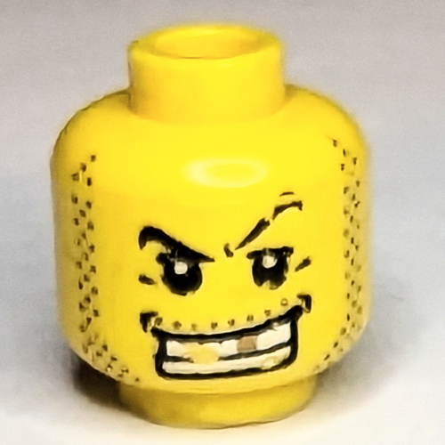 Tête de minifigurine criminel, sourcil cintré, dents blanches avec dent d'or, barbe naissante fin et ligne sous motif imprimé bouche (Minifig Head Criminal, Arched Eyebrow, White Teeth with Gold Tooth, Fine Stubble and Line under Mouth Print)