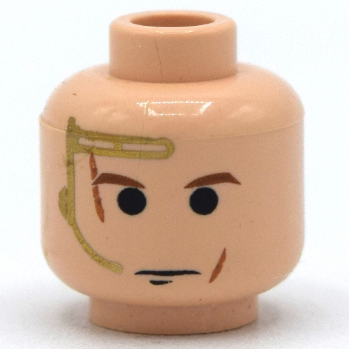 Tête de minifigurine Anakin Skywalker, or Casque, sourcils bruns, motif imprimé cicatrices légères (Minifig Head Anakin Skywalker, Gold Headset, Brown Eyebrows, Light Scars Print)
