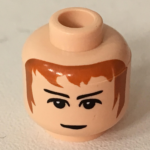 Tête de minifigurine Stan Shunpike, cheveux bruns, sourcils, motif : pupilles blanches [tenon creux bouché] (Minifig Head Stan Shunpike, Brown Hair, Eyebrows, White Pupils Print [Blocked Open Stud])