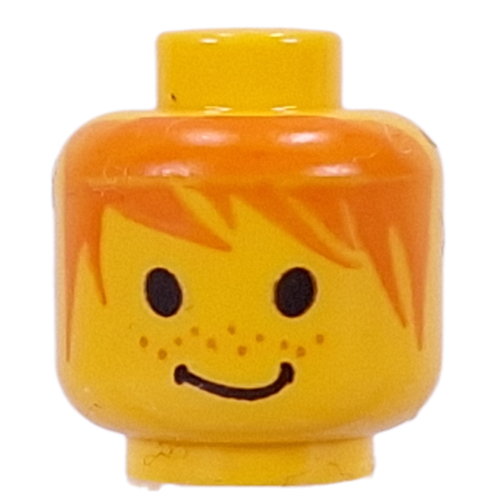 Tête de minifigurine bb, cheveux orange désordonné, motif : sourire [tenon creux bouché] (Minifig Head BB, Messy Orange Hair, Smile Print [Blocked Open Stud])