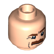 Tête de minifigurine, moustache broussailleuse brune, motif : sourcils bruns et pupilles blanches (Minifig Head, Brown Bushy Moustache, Brown Eyebrows and White Pupils Print)