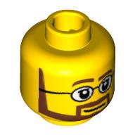 Tête de minifigurine, Barbe brune avec motif imprimé pupilles blanches et Lunettes (Minifig Head, Neat Brown Beard with White Pupils and Glasses Print)