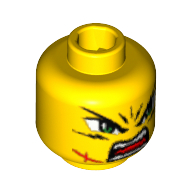 Tête de minifigurine takeshi, double face, yeux verts, froncement de sourcils, cicatrice / bouche ouverte motif imprimé [tenon creux bouché] (Minifig Head Takeshi, Dual Sided, Green Eyes, Frown, Scar / Open Mouth Print [Blocked Open Stud])
