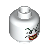Tête de minifigurine Joker, sourcils vert foncé, grand sourire aux lèvres rouges, motif imprimé Pieds de corbeau (Minifig Head Joker, Dark Green Eyebrows, Wide Smile with Red Lips, Crow's Feet Print)