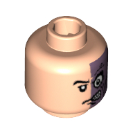 Tête de minifigurine à deux faces (Harvey Dent), moitié normale, moitié violet avec motif imprimé de cicatrice [tenon creux bouché] (Minifig Head Two-Face (Harvey Dent), Half Normal, Half Purple with Scar Print [Blocked Open Stud])