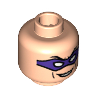 Tête de minifigurine L’Homme-Mystère, masque d'œil violet, sourcils, sourire ouvert avec des lignes de joue motif imprimé [tenon creux bouché] (Minifig Head Riddler, Purple Eyemask, Eyebrows, Open Smile with Cheek Lines Print [Blocked Open Stud])