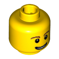 Tête de minifigurine, sourcils bruns, sourire fin avec les dents, yeux noirs avec le motif imprimé blanc de pupilles d'œil (Minifig Head, Brown Eyebrows, Thin Grin with Teeth, Black Eyes with White Pupils Print)