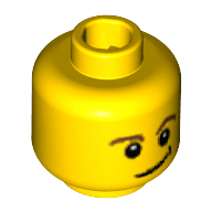 Tête de minifigurine, sourcils bruns, yeux avec des pupilles blanches, sourire tordu avec motif imprimé noir fossette (Minifig Head, Brown Eyebrows, Eyes with White Pupils, Crooked Smile with Black Dimple Print)